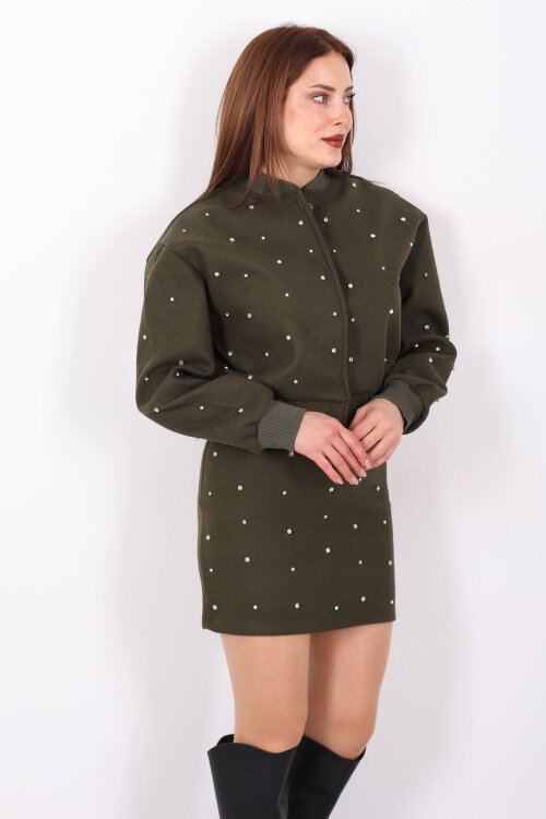 Taş Detaylı Mini Haki Kadın Kaşe Etek - 4