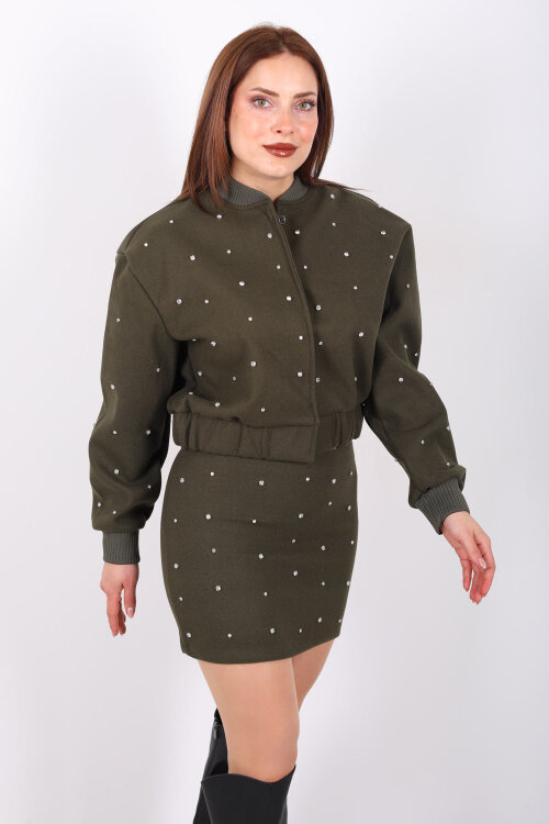 Taş Detaylı Mini Haki Kadın Kaşe Etek - Berox