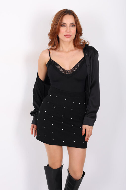 Taş Detaylı Mini Siyah Kadın Kaşe Etek - 7