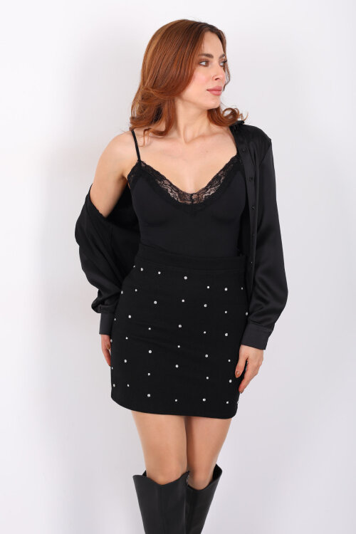 Taş Detaylı Mini Siyah Kadın Kaşe Etek - 5