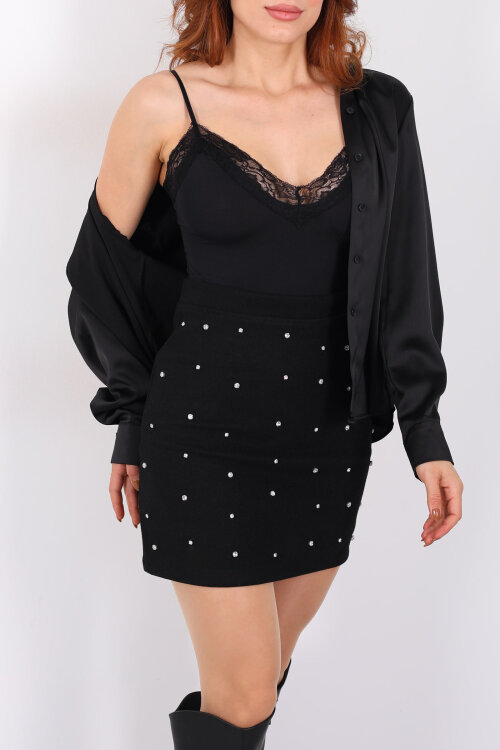 Taş Detaylı Mini Siyah Kadın Kaşe Etek - Berox (1)