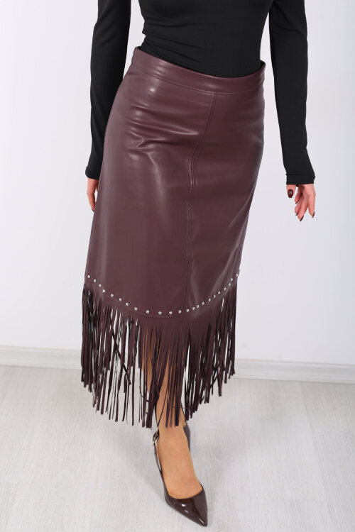 Taş Detaylı Püsküllü Mürdüm Kadın Uzun Deri Etek - Berox (1)
