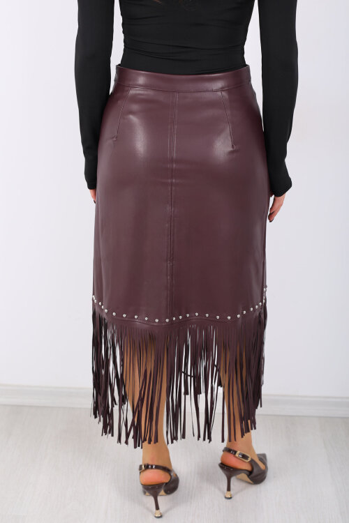 Taş Detaylı Püsküllü Mürdüm Kadın Uzun Deri Etek - 6