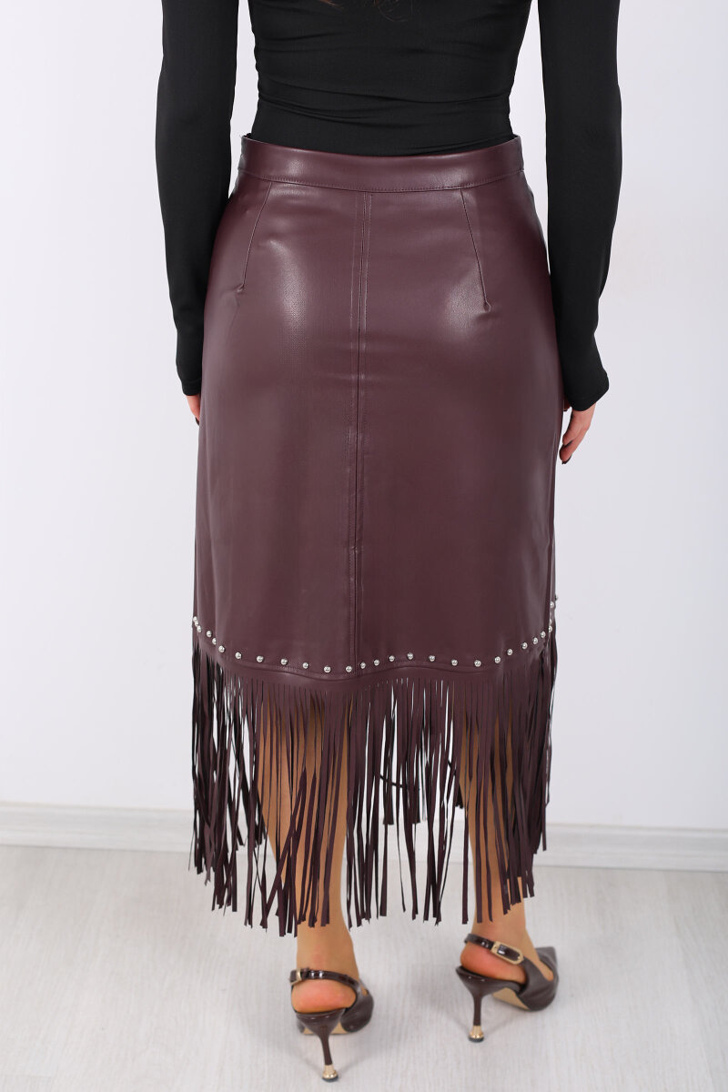 Taş Detaylı Püsküllü Mürdüm Kadın Uzun Deri Etek - 6