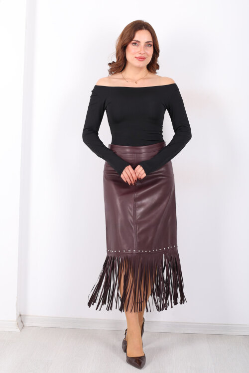 Taş Detaylı Püsküllü Mürdüm Kadın Uzun Deri Etek - Berox