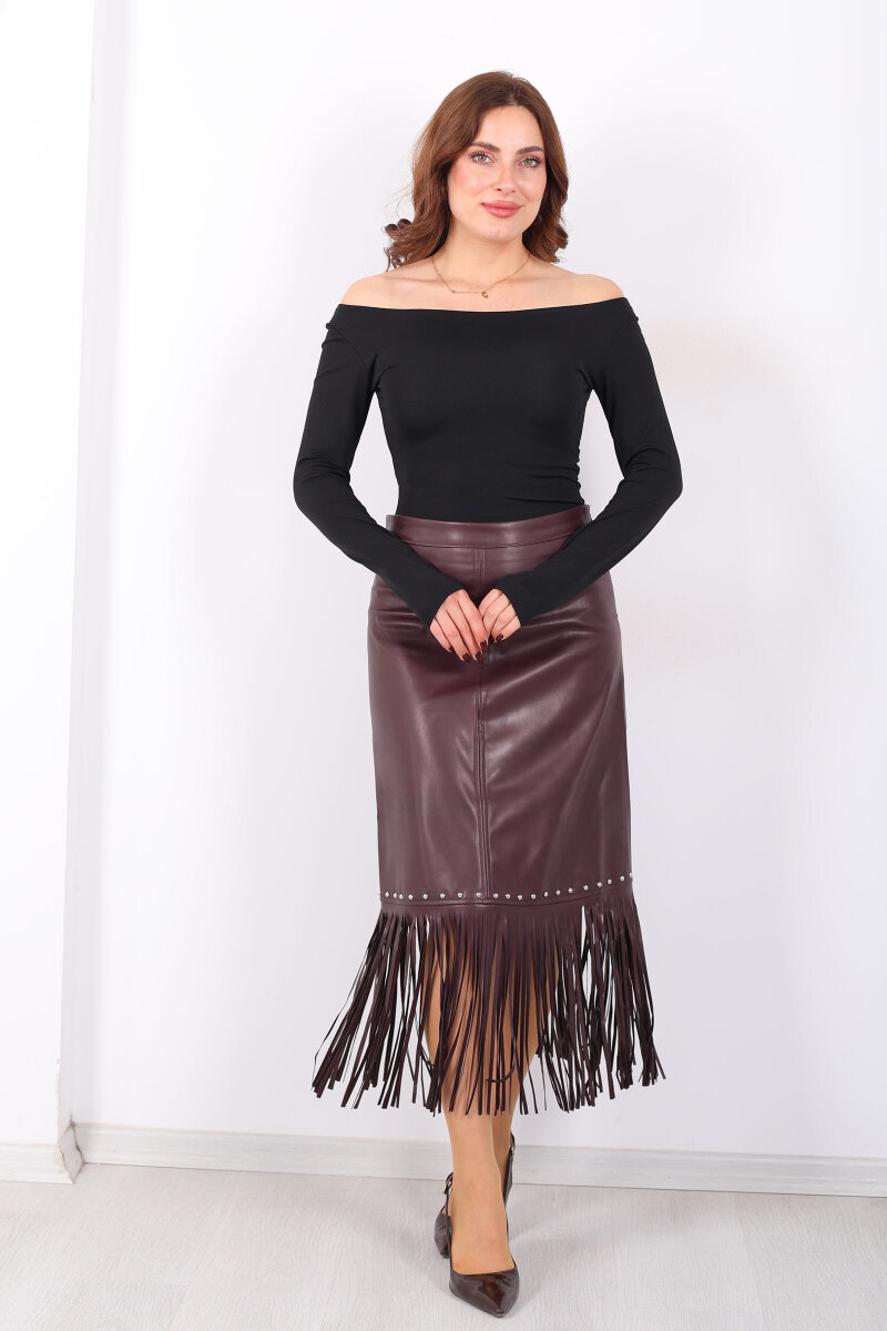 Taş Detaylı Püsküllü Mürdüm Kadın Uzun Deri Etek - 1