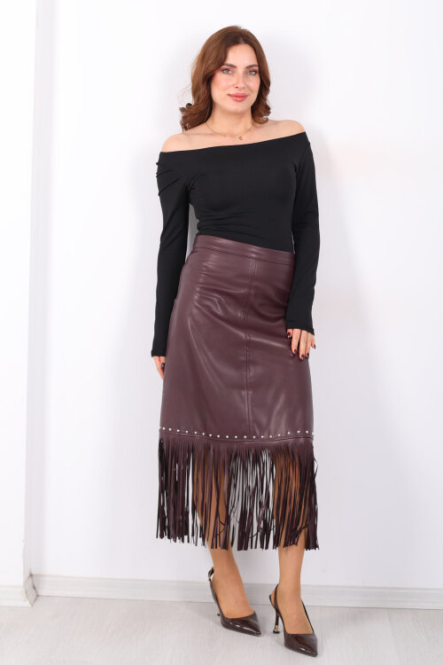 Taş Detaylı Püsküllü Mürdüm Kadın Uzun Deri Etek - 7