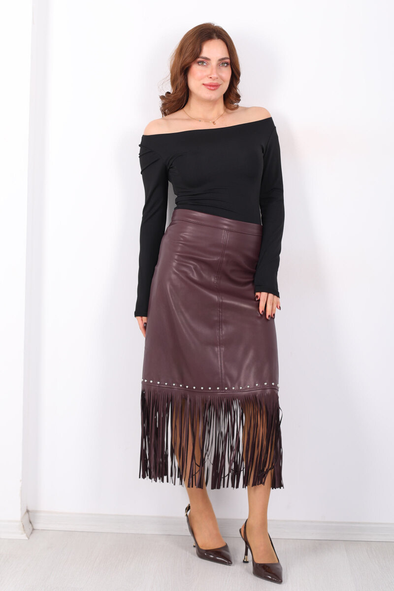 Taş Detaylı Püsküllü Mürdüm Kadın Uzun Deri Etek - 7