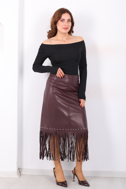 Taş Detaylı Püsküllü Mürdüm Kadın Uzun Deri Etek - 4