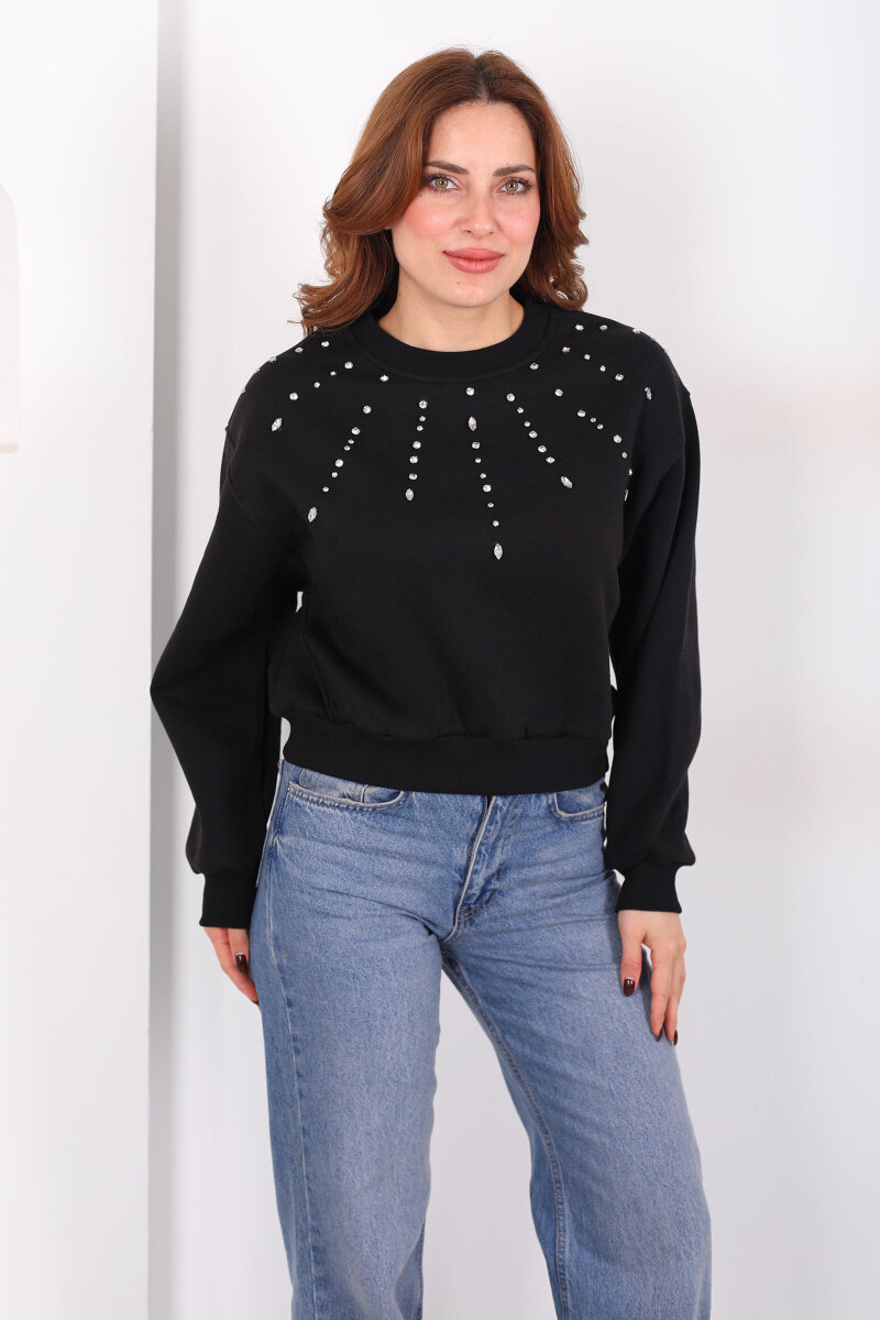 Taş Detaylı Siyah Kadın Üç İp Sweatshirt - 4