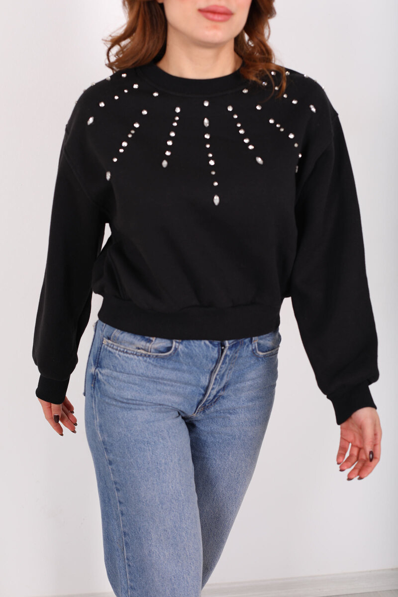 Taş Detaylı Siyah Kadın Üç İp Sweatshirt - 2