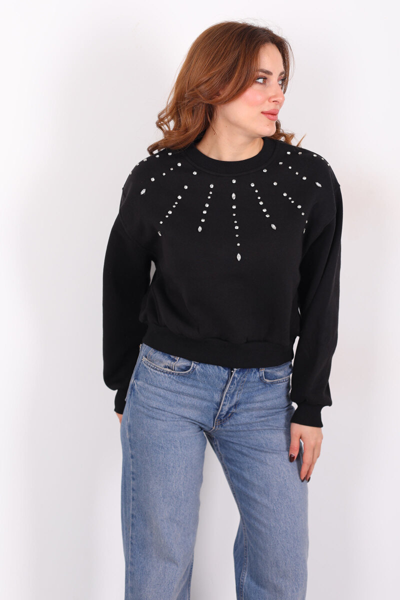 Taş Detaylı Siyah Kadın Üç İp Sweatshirt - 6