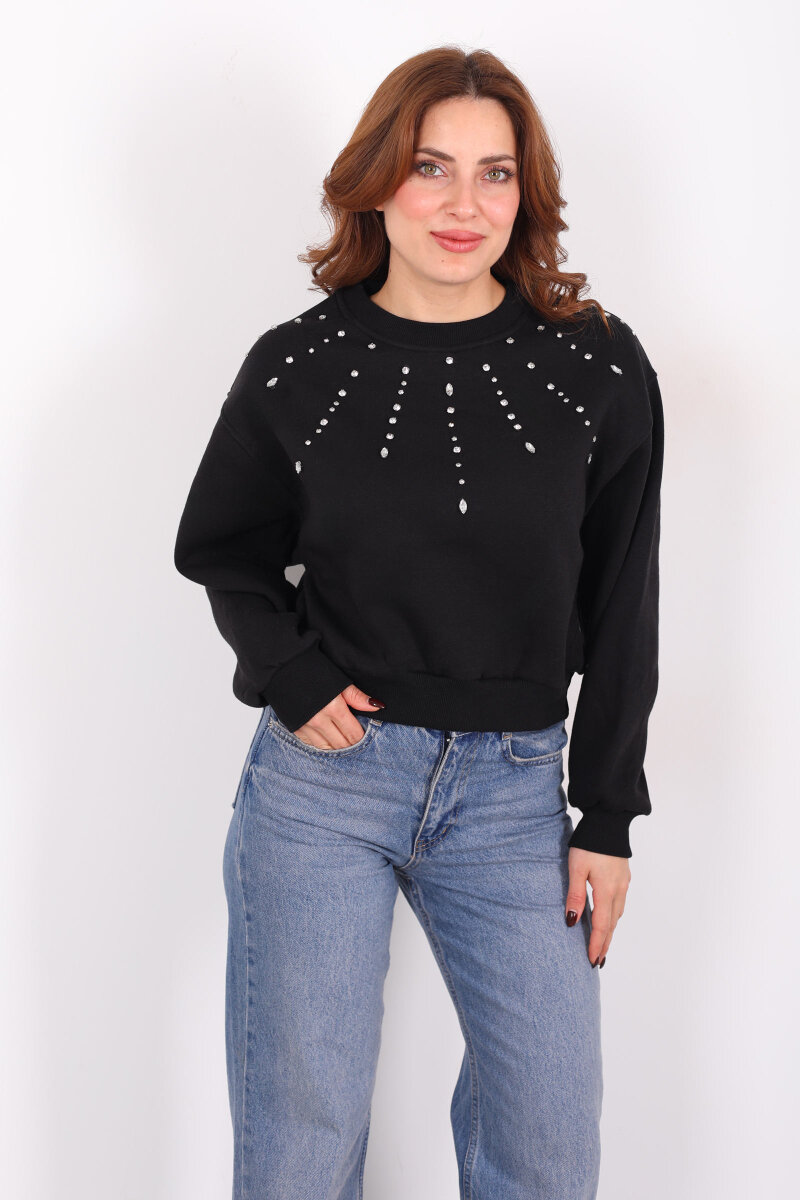 Taş Detaylı Siyah Kadın Üç İp Sweatshirt - 1
