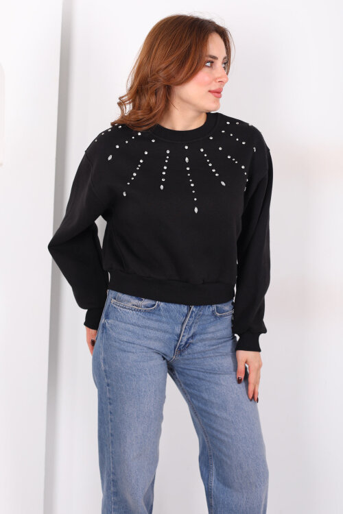 Taş Detaylı Siyah Kadın Üç İp Sweatshirt - 3