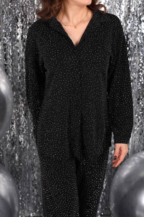 Taş İşlemeli Gömlek-Pantolon Siyah Kadın Salaş Takım - Berox (1)