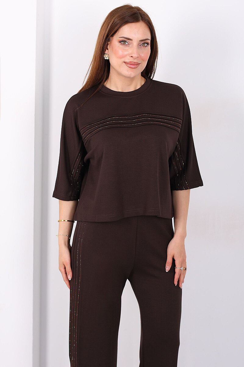 Taş Şeritli Kadın Kahverengi Modal Pantolon Takım - 4