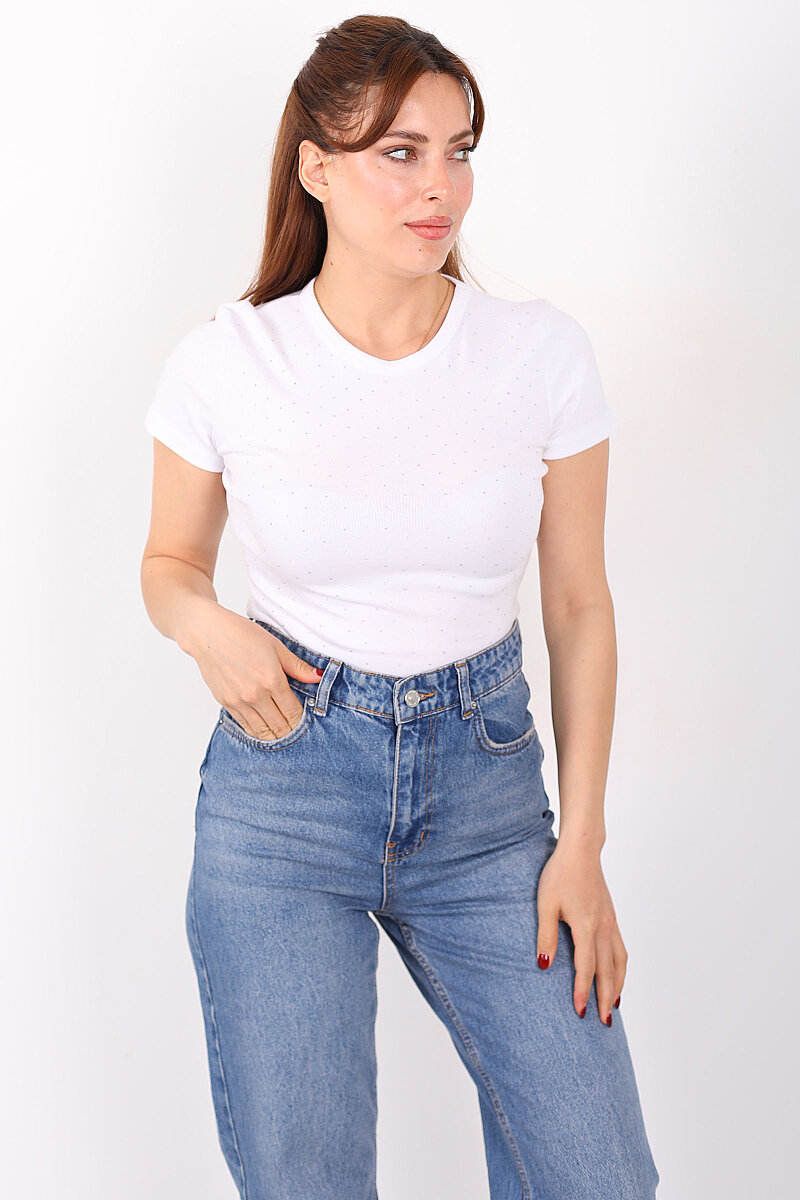 Taş Serpme Bisiklet Yaka Beyaz Kadın Basic Body - 1