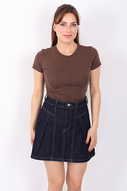 Taş Serpme Bisiklet Yaka Kahverengi Kadın Basic Body - 5