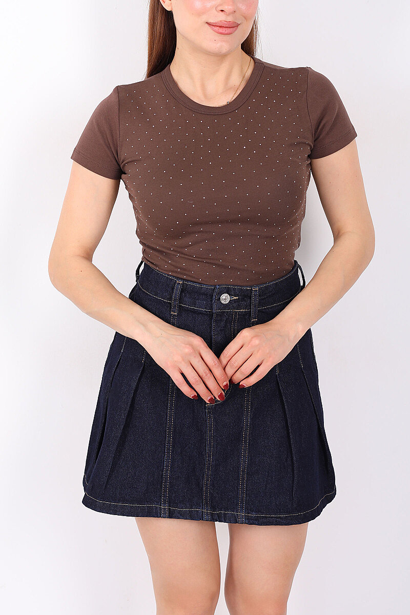 Taş Serpme Bisiklet Yaka Kahverengi Kadın Basic Body - 2