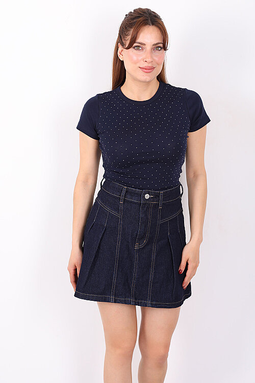 Taş Serpme Bisiklet Yaka Lacivert Kadın Basic Body - 5