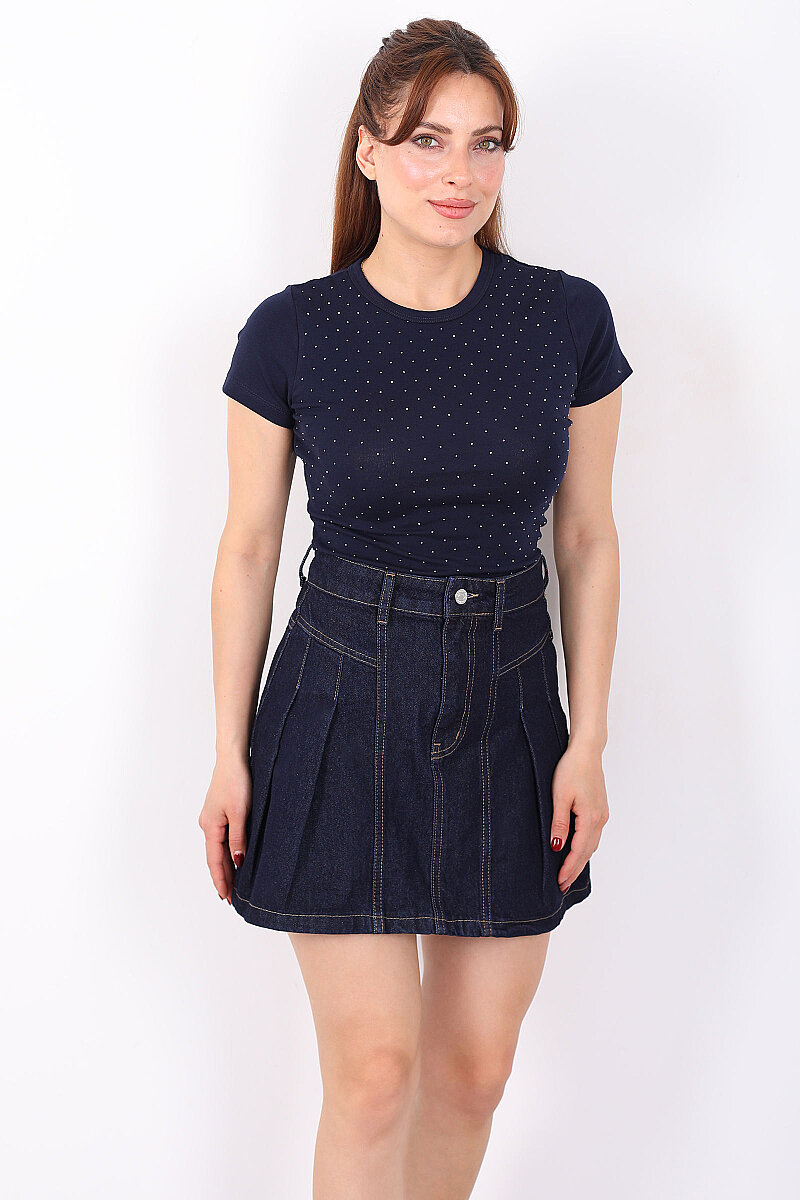 Taş Serpme Bisiklet Yaka Lacivert Kadın Basic Body - 3