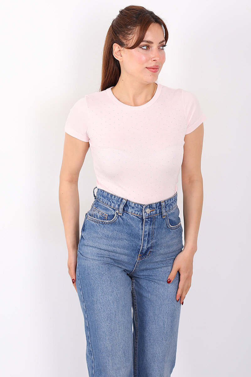 Taş Serpme Bisiklet Yaka Pudra Kadın Basic Body - 3