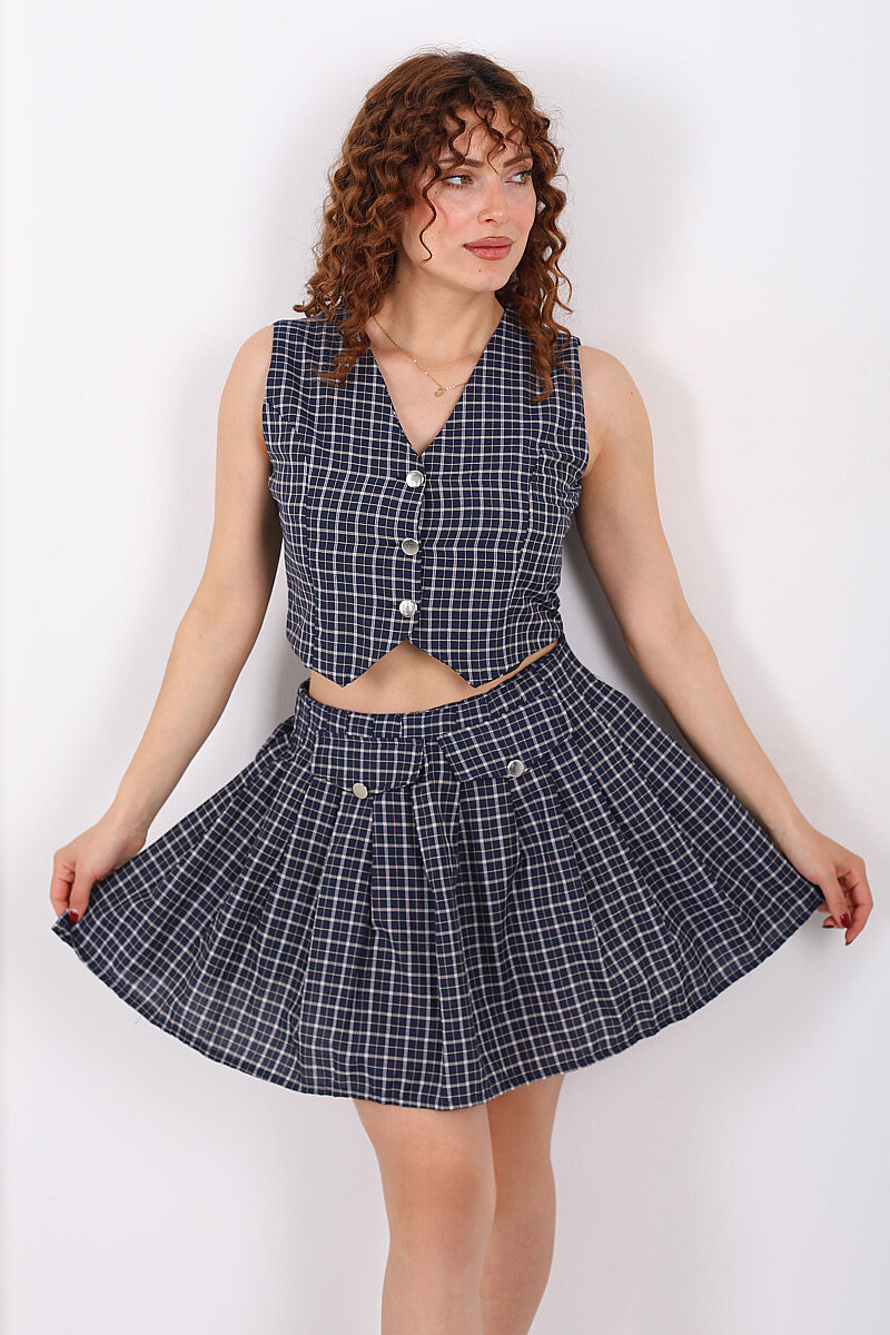 Tasarım Ekose Desenli Kadın Lacivert Mini Etek- Yelek Takım - 3