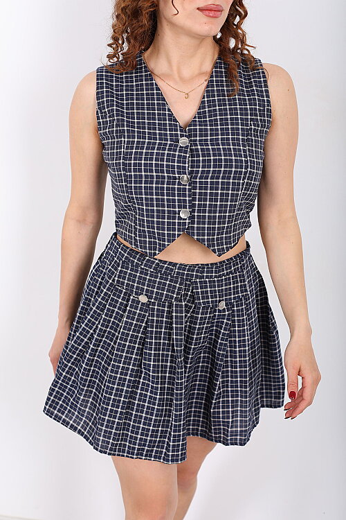 Tasarım Ekose Desenli Kadın Lacivert Mini Etek- Yelek Takım - Berox (1)