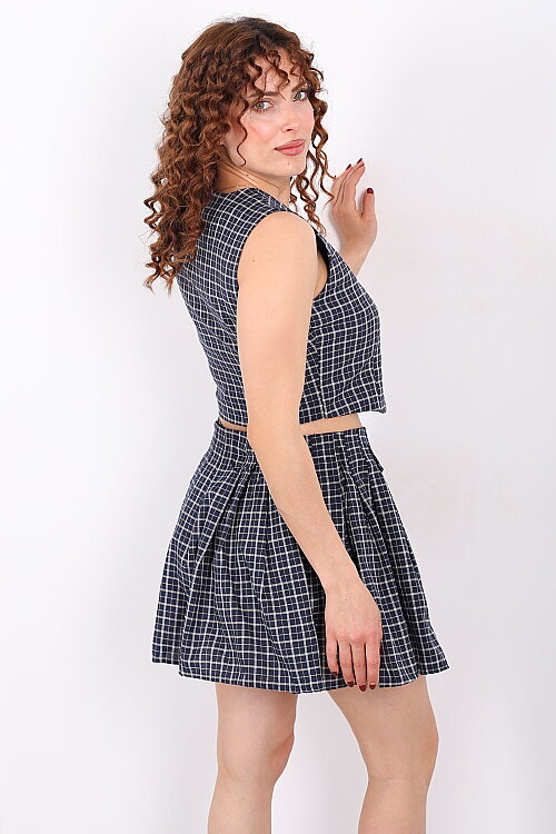 Tasarım Ekose Desenli Kadın Lacivert Mini Etek- Yelek Takım - 6