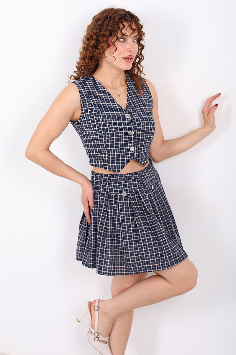 Tasarım Ekose Desenli Kadın Lacivert Mini Etek- Yelek Takım - 1