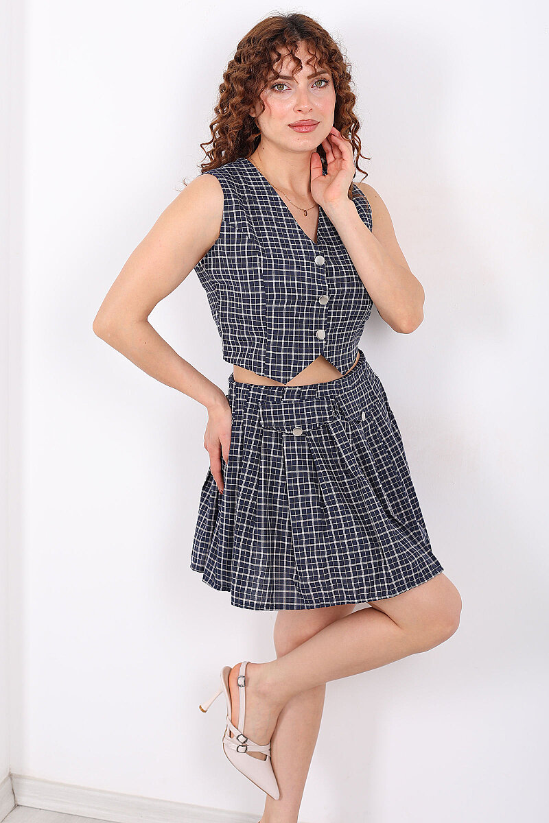 Tasarım Ekose Desenli Kadın Lacivert Mini Etek- Yelek Takım - 4