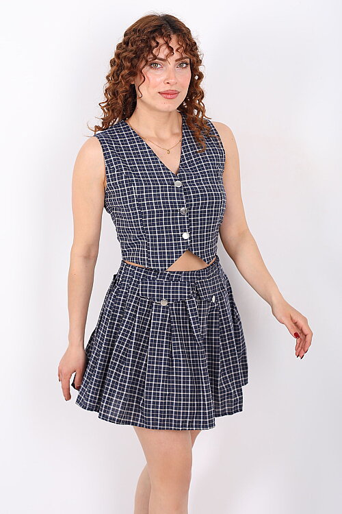 Tasarım Ekose Desenli Kadın Lacivert Mini Etek- Yelek Takım - 7