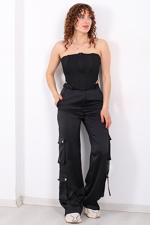 Tasarım Kargo Cepli Kadın Siyah Bol Paça Saten Pantolon - 7