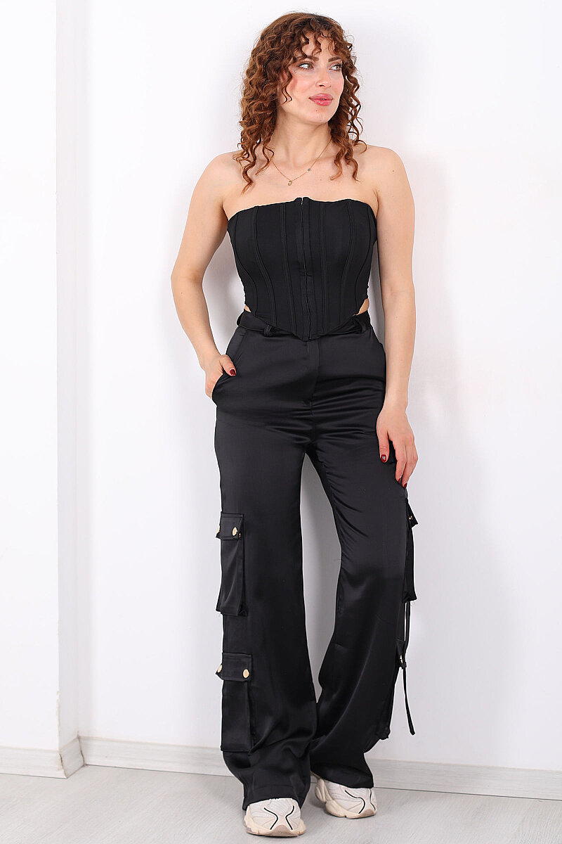 Tasarım Kargo Cepli Kadın Siyah Bol Paça Saten Pantolon - 7