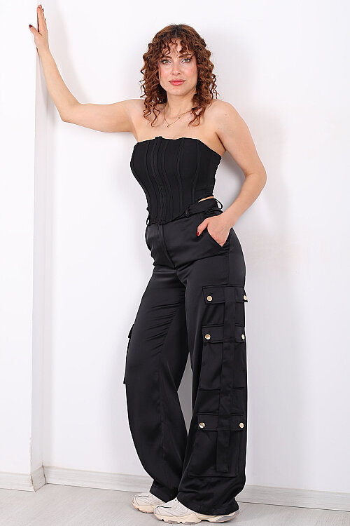 Tasarım Kargo Cepli Kadın Siyah Bol Paça Saten Pantolon - 3