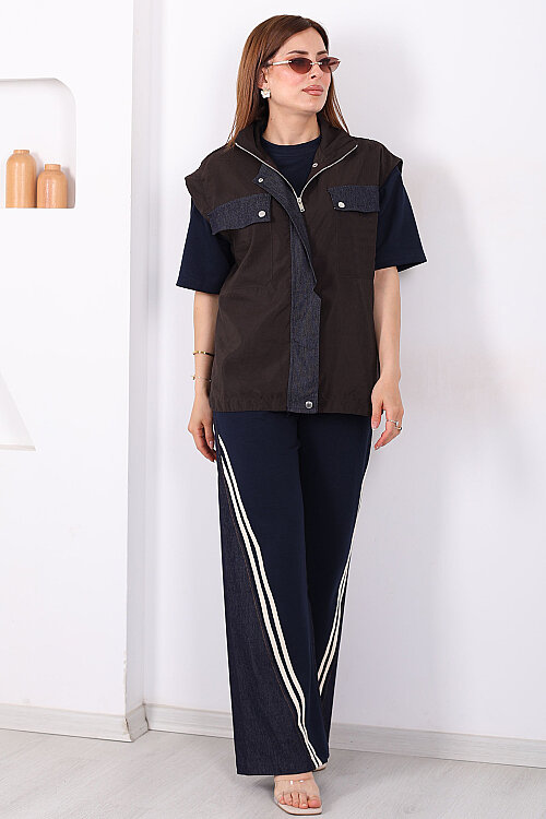 Tasarım Paraşüt Garnili Üçlü Kadın Acı Kahve Pantolon Takım - 7