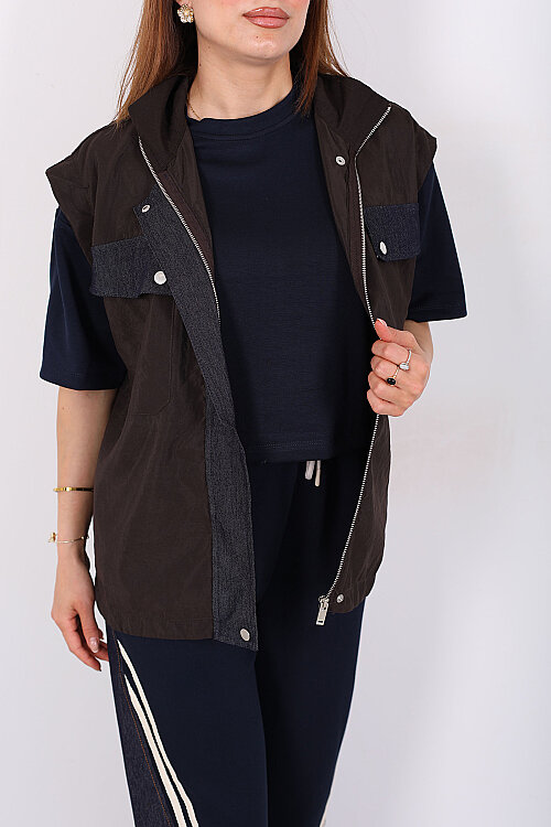 Tasarım Paraşüt Garnili Üçlü Kadın Acı Kahve Pantolon Takım - Berox (1)