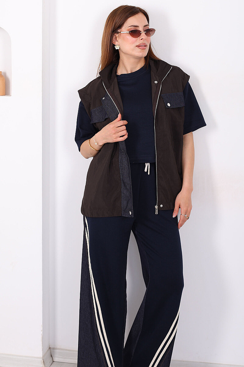 Tasarım Paraşüt Garnili Üçlü Kadın Acı Kahve Pantolon Takım - 1