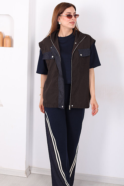 Tasarım Paraşüt Garnili Üçlü Kadın Acı Kahve Pantolon Takım - 5