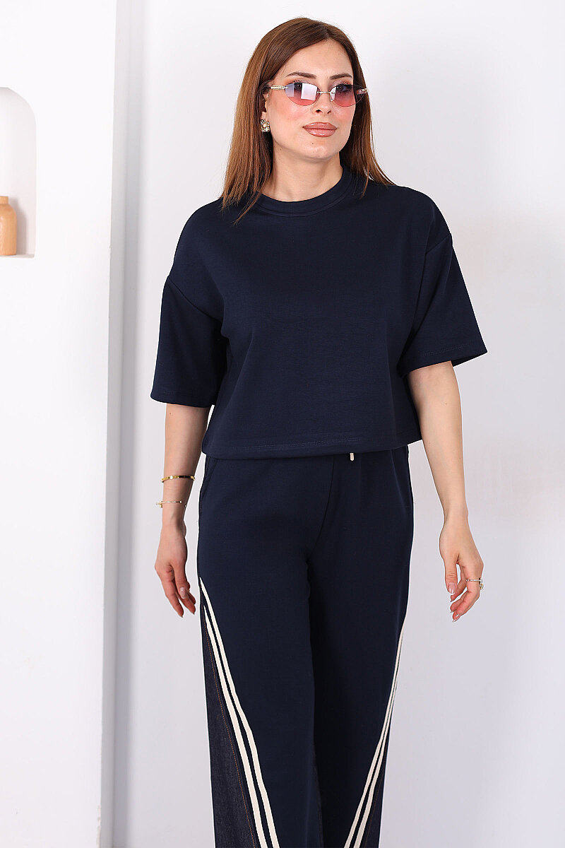 Tasarım Paraşüt Garnili Üçlü Kadın Acı Kahve Pantolon Takım - 4