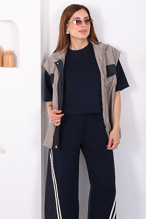 Tasarım Paraşüt Garnili Üçlü Kadın Haki Pantolon Takım - 4