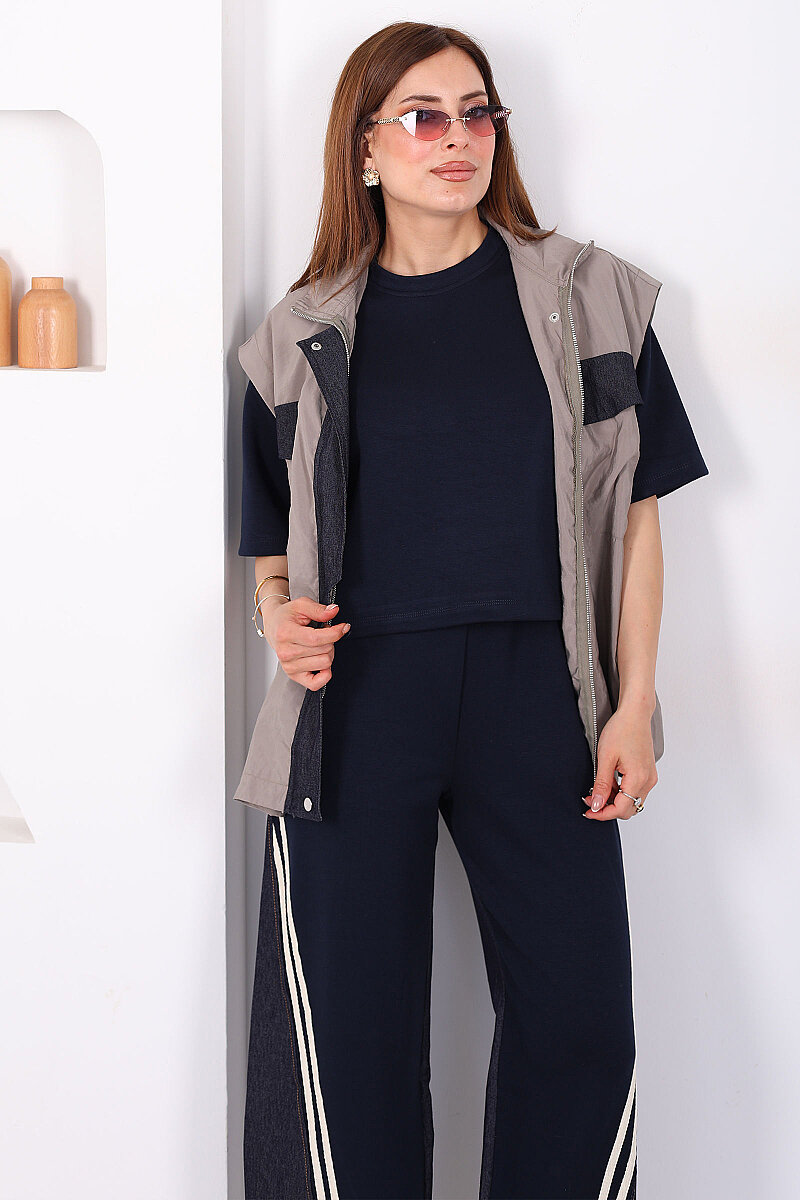 Tasarım Paraşüt Garnili Üçlü Kadın Haki Pantolon Takım - 4