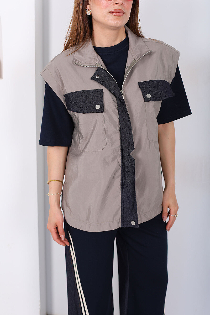 Tasarım Paraşüt Garnili Üçlü Kadın Haki Pantolon Takım - 2