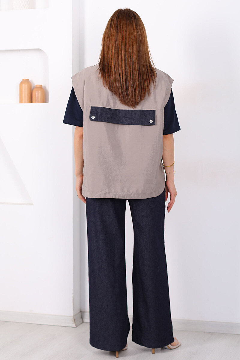 Tasarım Paraşüt Garnili Üçlü Kadın Haki Pantolon Takım - 6