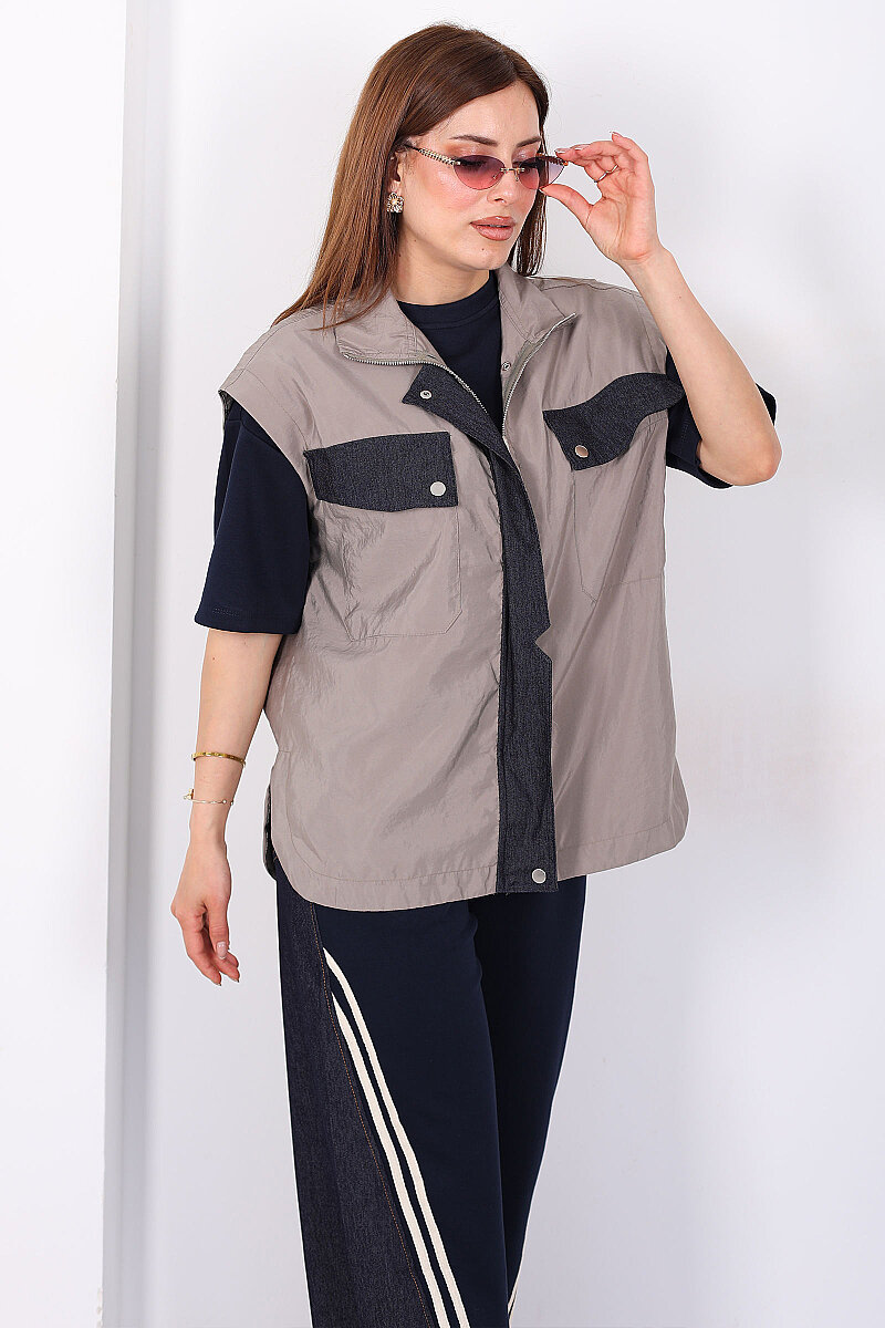 Tasarım Paraşüt Garnili Üçlü Kadın Haki Pantolon Takım - 1