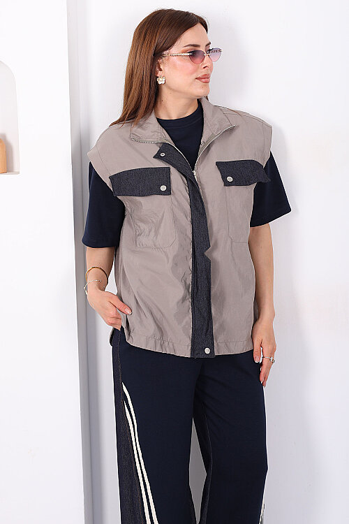 Tasarım Paraşüt Garnili Üçlü Kadın Haki Pantolon Takım - 7