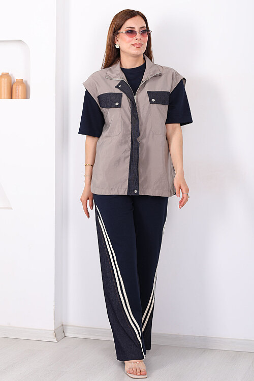 Tasarım Paraşüt Garnili Üçlü Kadın Haki Pantolon Takım - 3