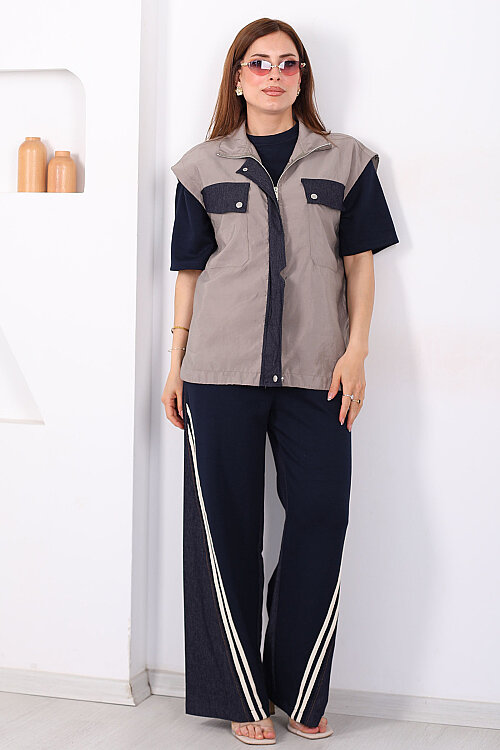 Tasarım Paraşüt Garnili Üçlü Kadın Haki Pantolon Takım - 8
