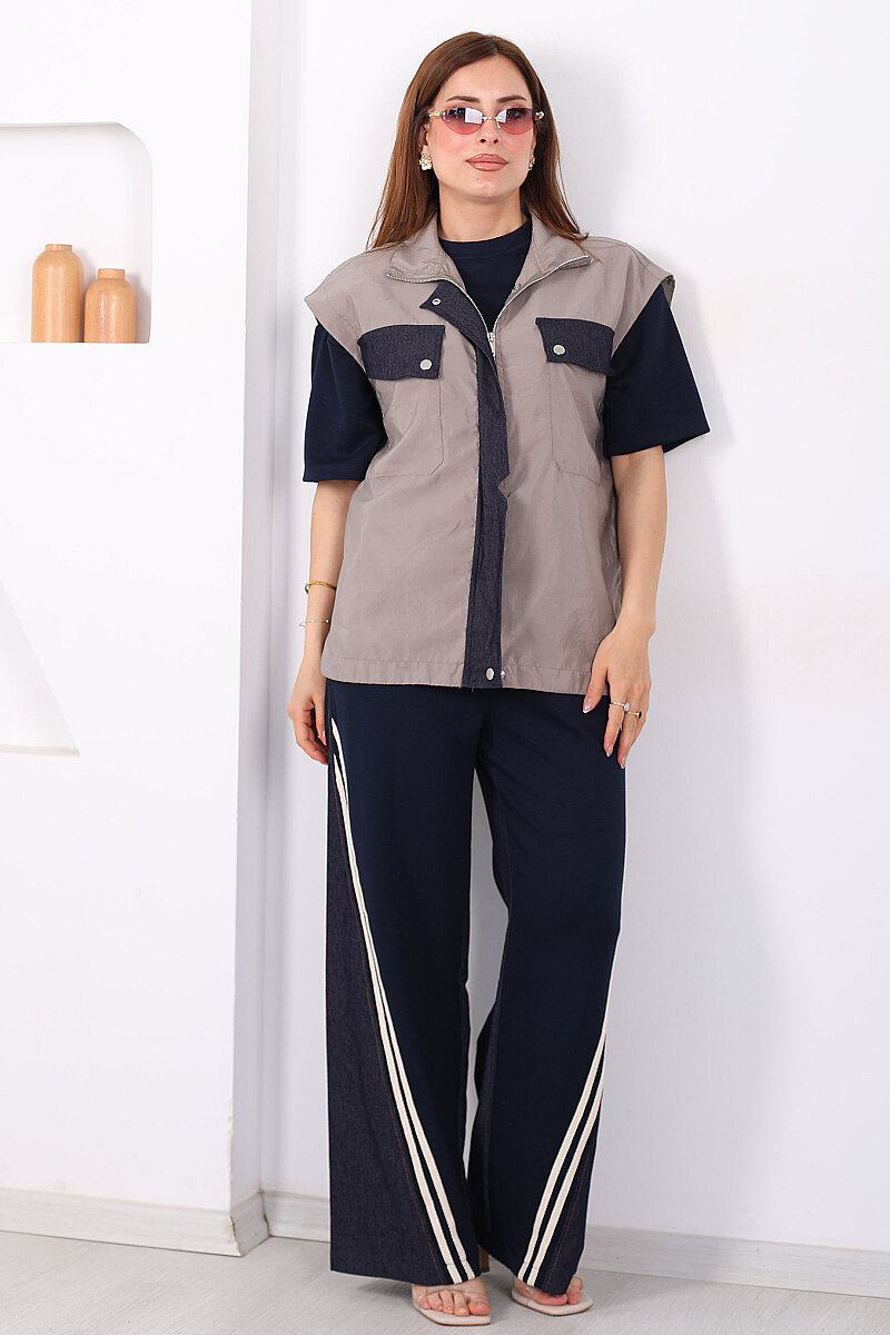 Tasarım Paraşüt Garnili Üçlü Kadın Haki Pantolon Takım - 8