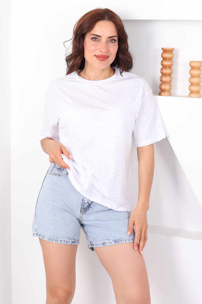 Taşlı Basic Beyaz Kadın Oversize T-Shirt - 1